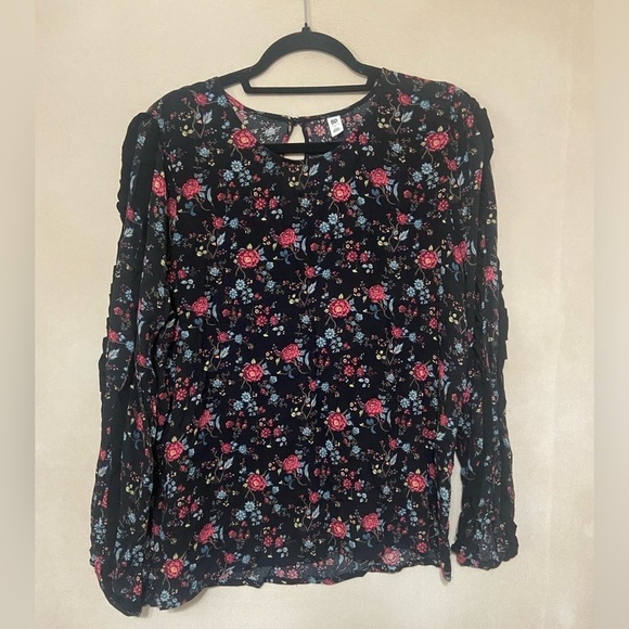 BP NWT black fall floral ruffle sleeve keyhole back blouse size L - Picture 2 of 6